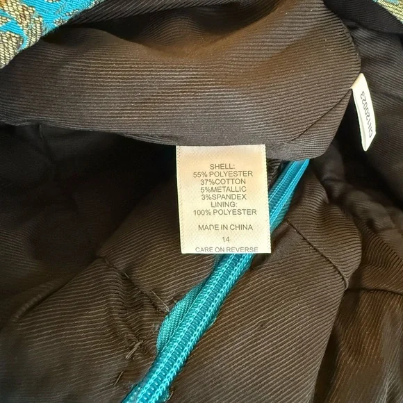 NWT Happy x Nature by Kate Hudson Teal & Gold Brocade Puff Sleeve Jumpsuit - Picture 10 of 15